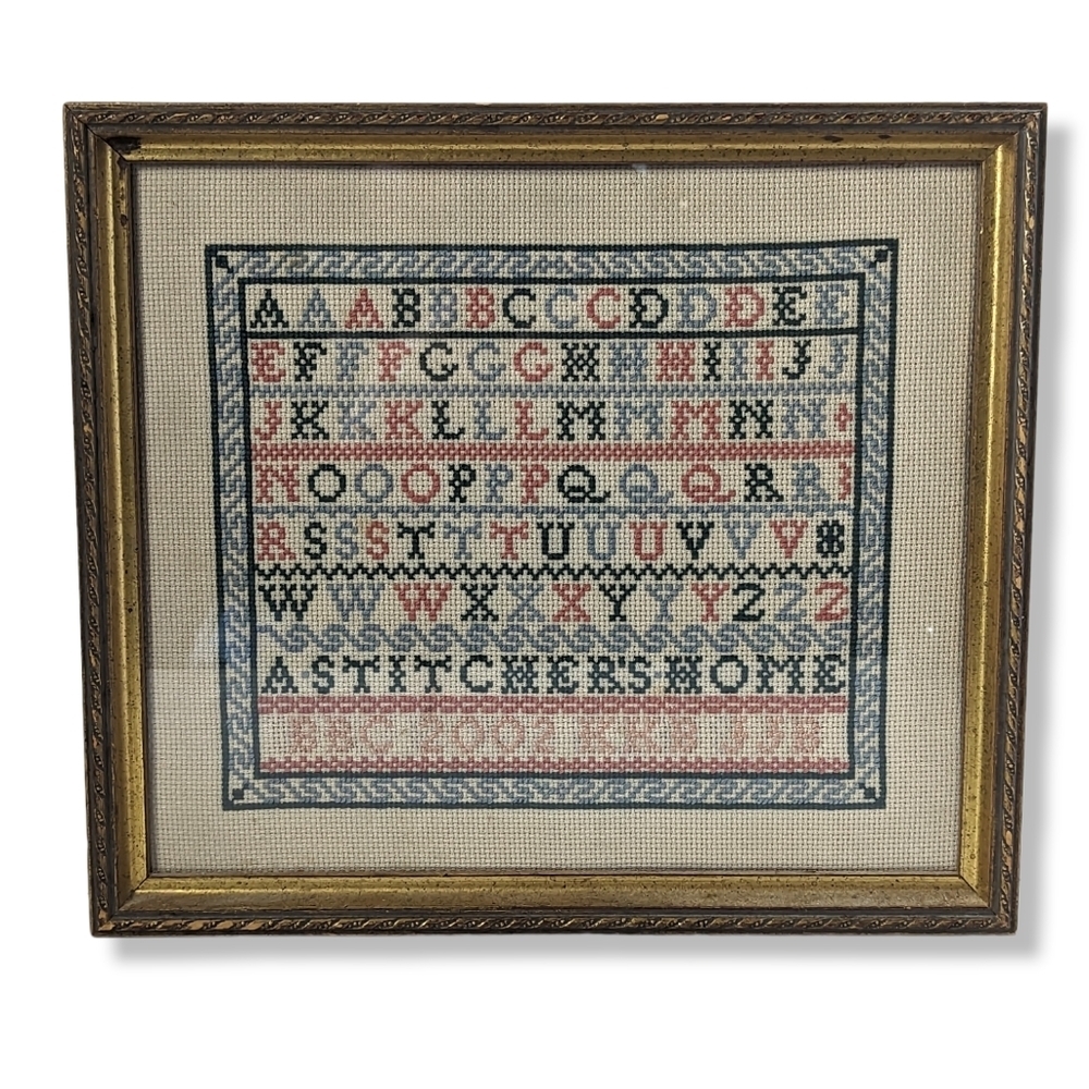 Vintage Framed Hand Stitched Cross Stitch Needlepoint Alphabet Sampler Framed